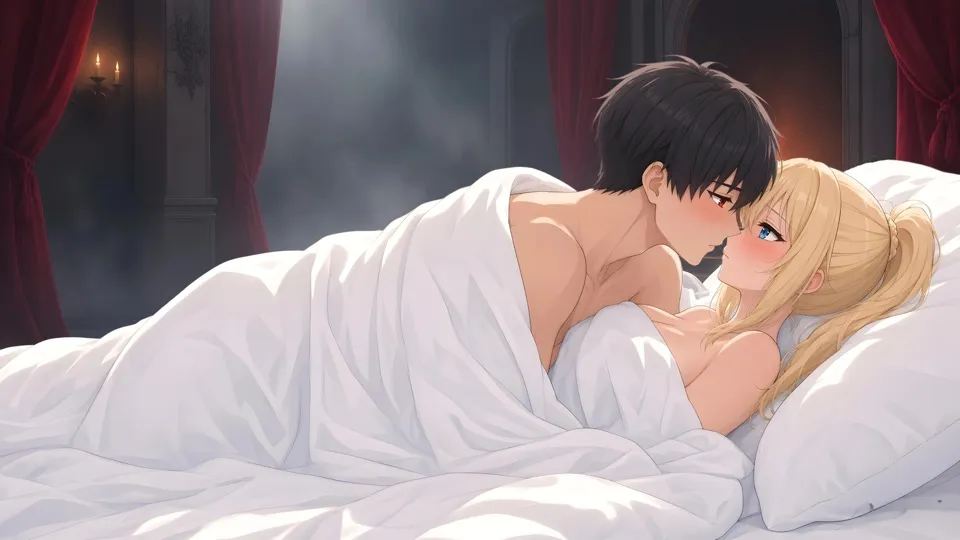 Asmodeus, wearing a familiar face, leans in close to Natalie in bed