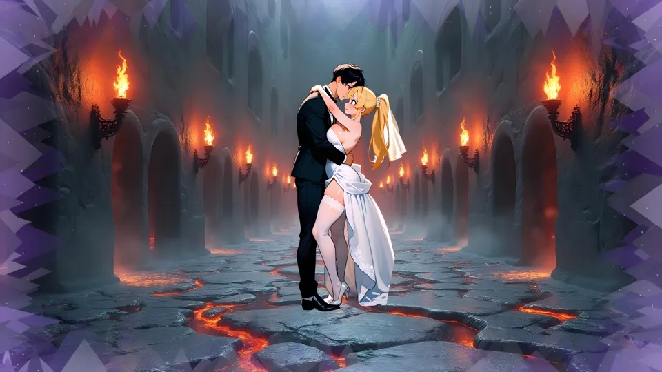 Natalie in her wedding gown embraced in the torch-lit corridors of Hell