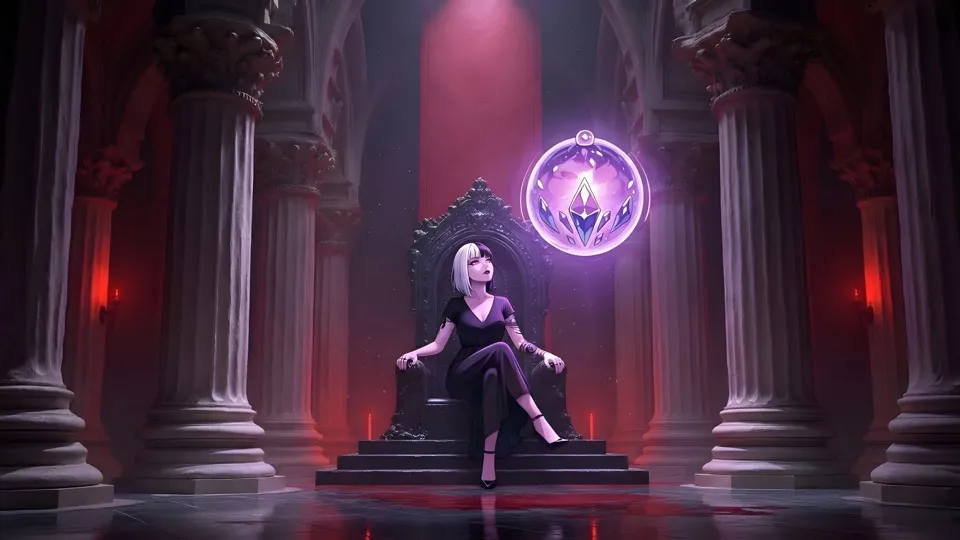 Lilith on her throne watching through the glowing Orb
