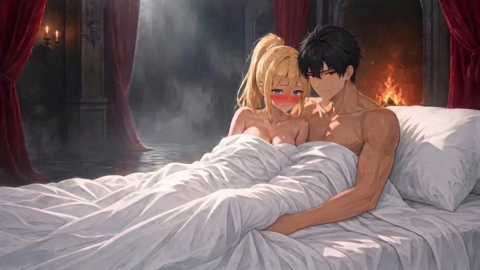 Natalie blushing under the covers beside Asmodeus