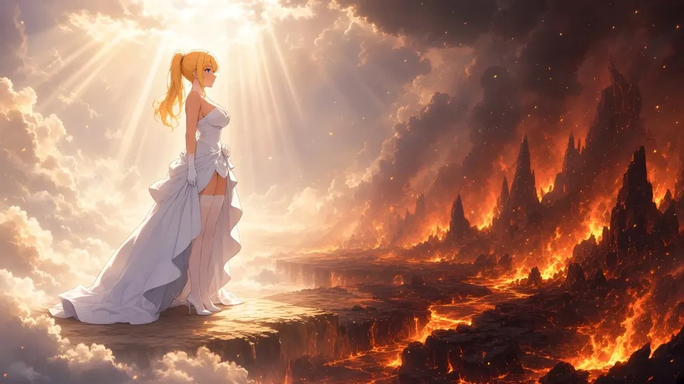 Natalie in her wedding gown walking from Heaven's light into Hell