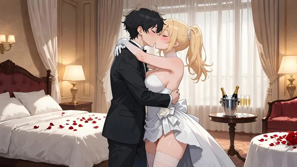 Natalie and Victor kissing on their wedding night