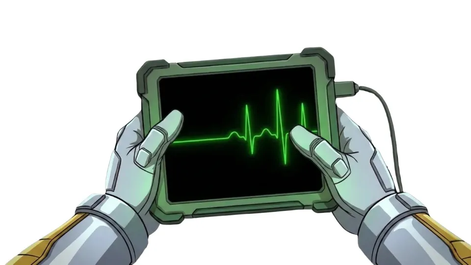 Neil's datapad showing Lena's live heart rate from the ship's AI