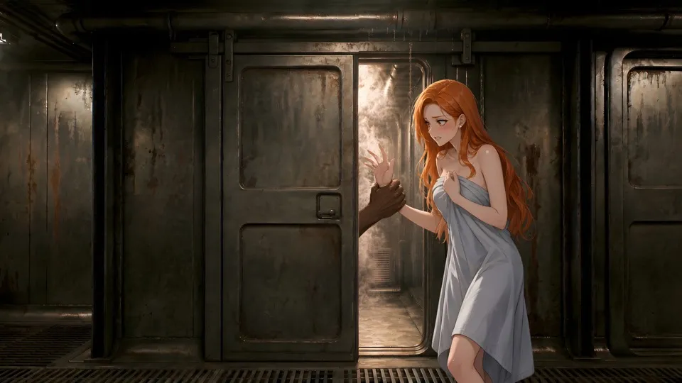 A hand reaches from the washroom doorway toward Lena in a towel