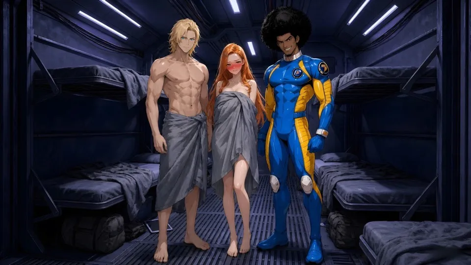 Lena in a towel standing between Liam and Jerome in the crew dorm
