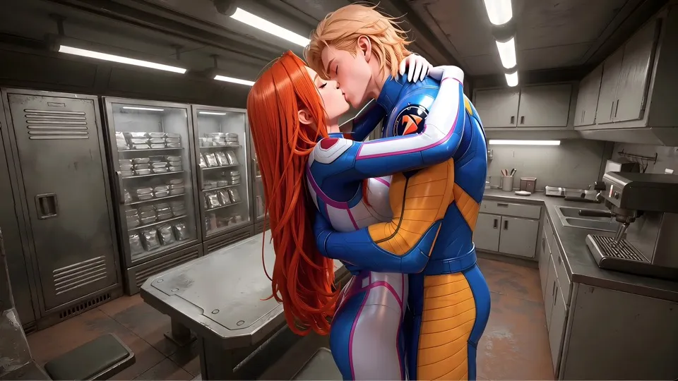 Liam kissing Lena in the outpost galley